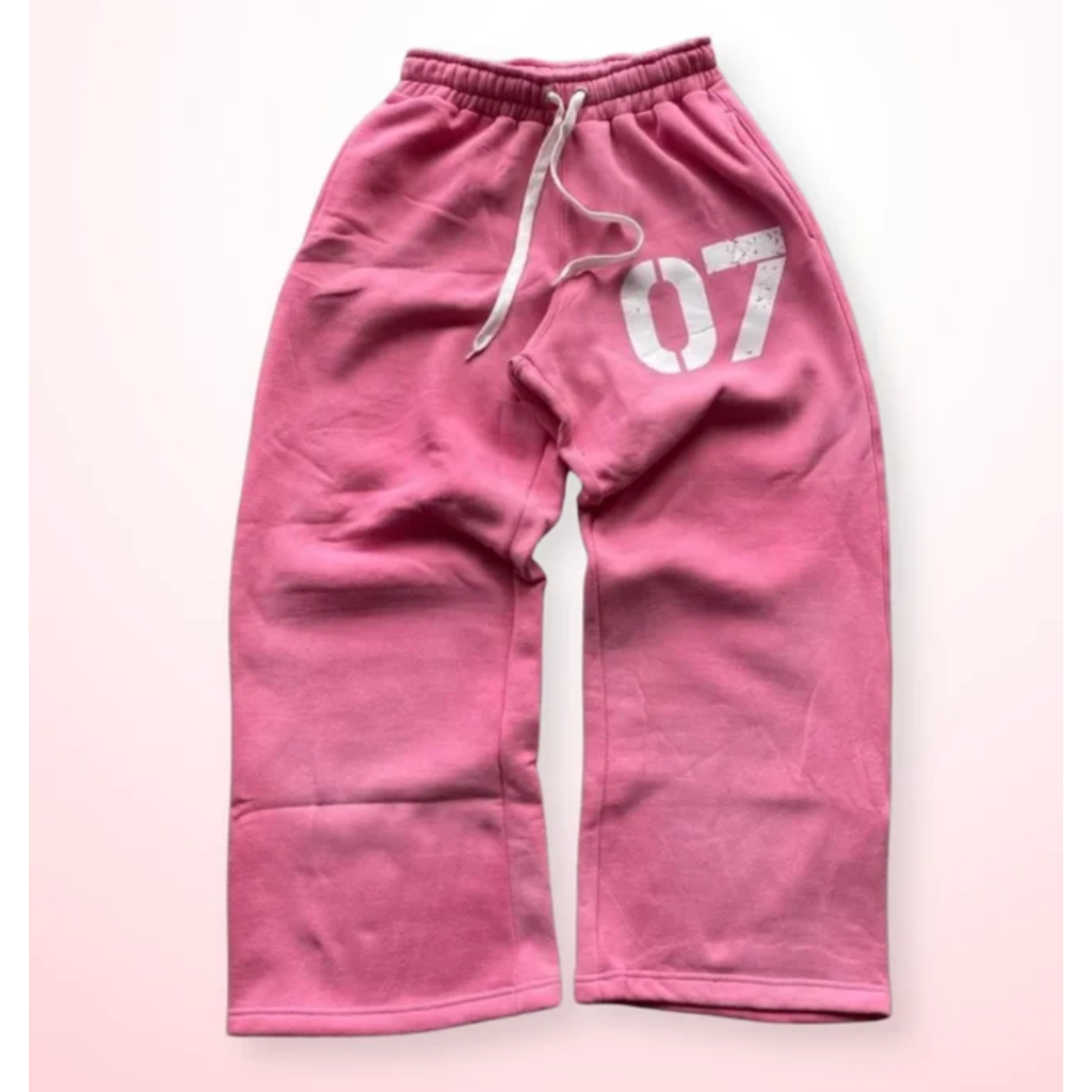 Baggy Sweatpants Wide Leg Joggers Fleece Distressed Number Print Streetwear