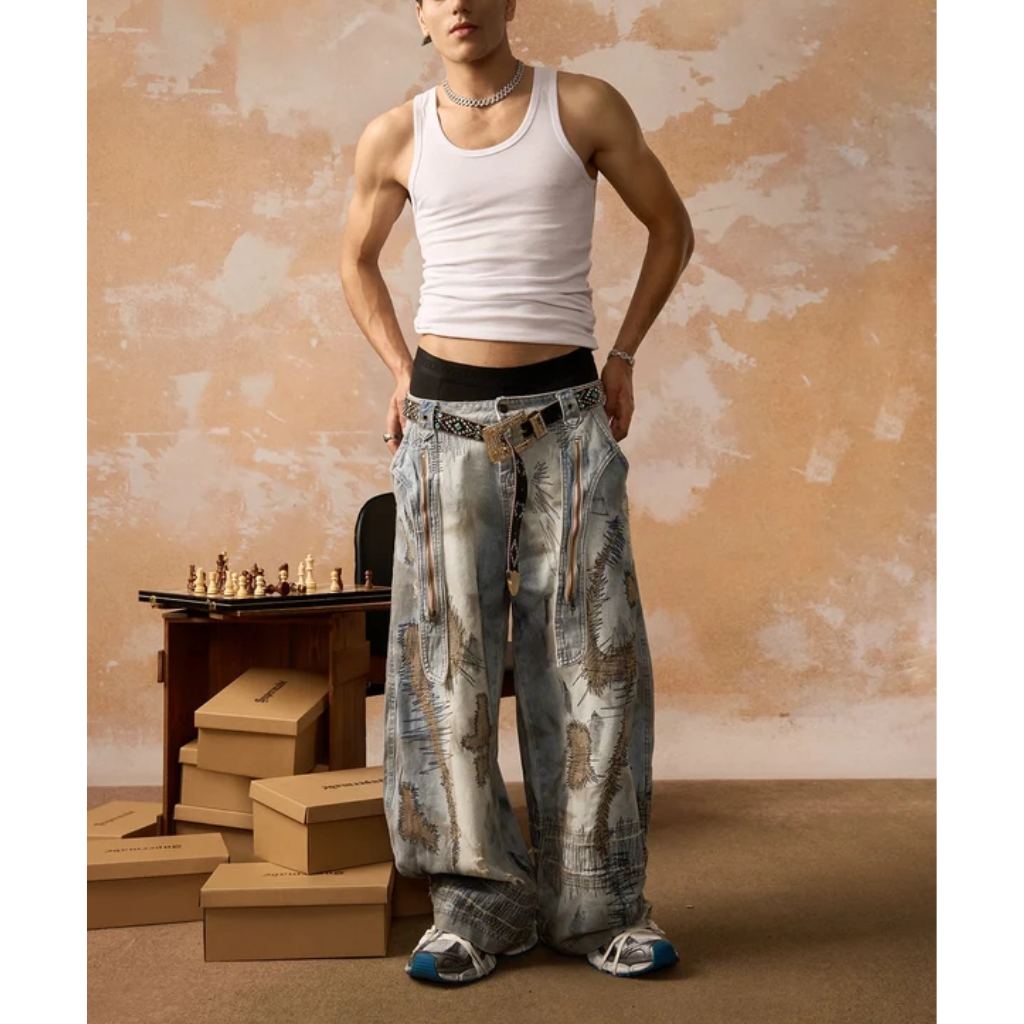 Barrel Jeans Men Washed Baggy Wide Leg Ripped Denim