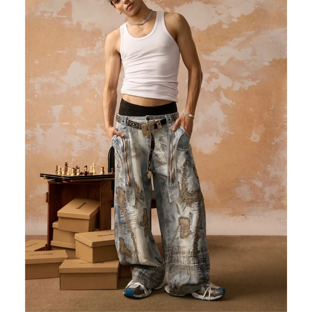 Barrel Jeans Men Washed Baggy Wide Leg Ripped Denim