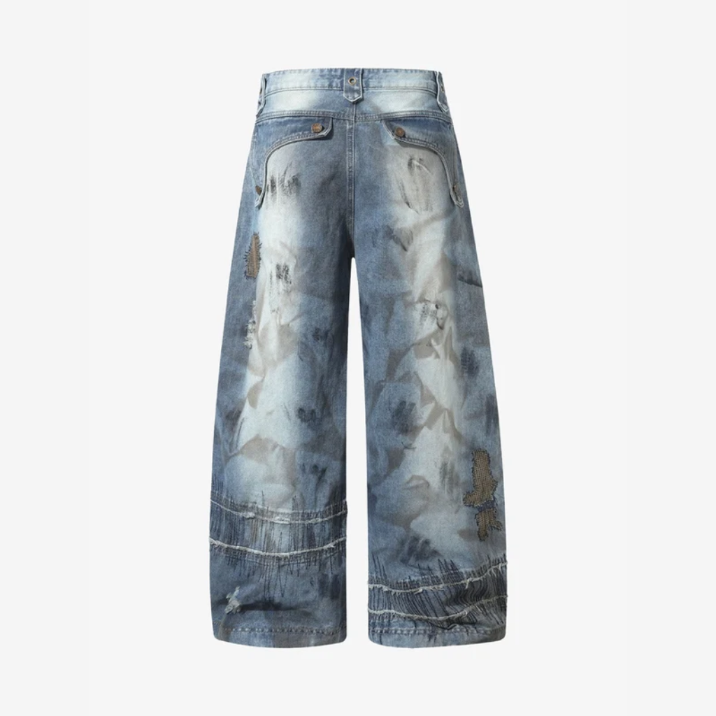 Barrel Jeans Men Washed Baggy Wide Leg Ripped Denim