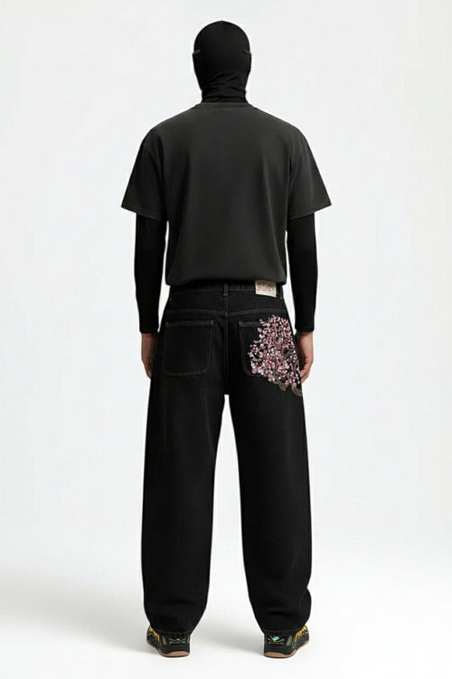 Black Baggy Jeans - Japanese Print Wide Leg Denim-Tithesource-