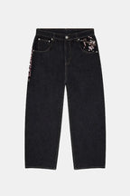 Black Baggy Jeans - Japanese Print Wide Leg Denim-Tithesource-