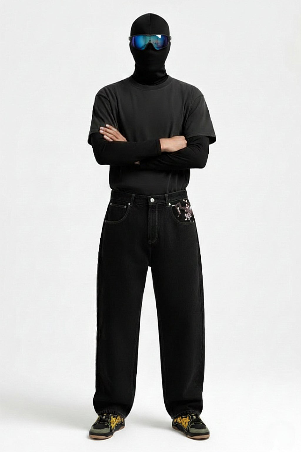 Black Baggy Jeans - Japanese Print Wide Leg Denim-Tithesource-