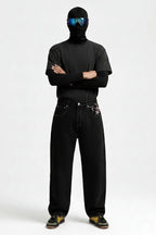 Black Baggy Jeans - Japanese Print Wide Leg Denim-Tithesource-