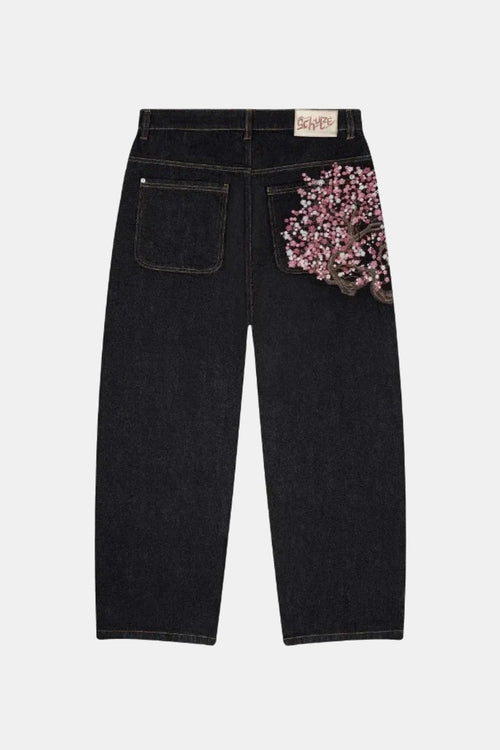 Black Baggy Jeans - Japanese Print Wide Leg Denim-Tithesource-Black-S-