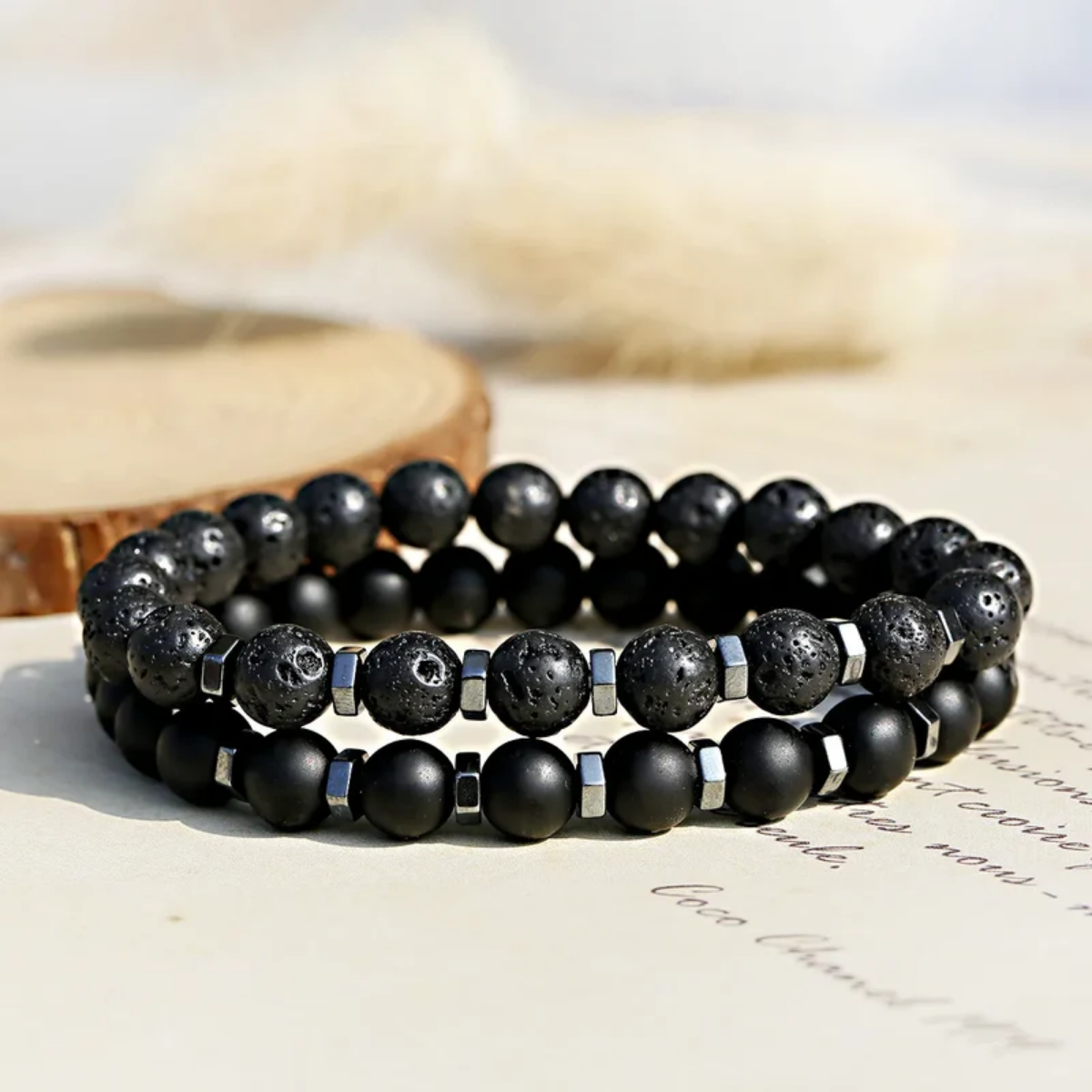 Black Lava Stone Beaded Bracelet Men - Onyx Double Layered