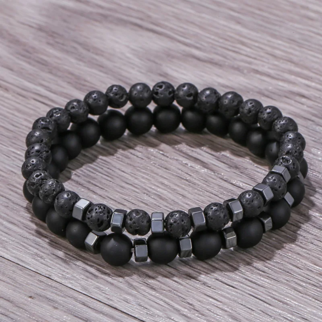 Black Lava Stone Beaded Bracelet Men - Onyx Double Layered