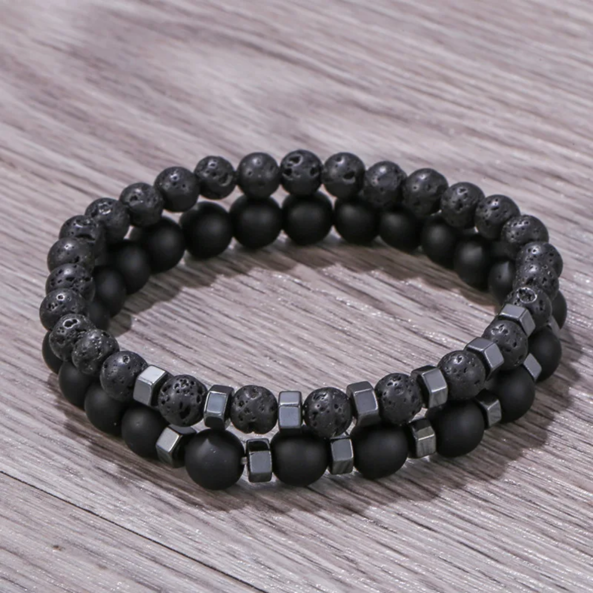 Black Lava Stone Beaded Bracelet Men - Onyx Double Layered