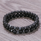 Black Lava Stone Beaded Bracelet Men - Onyx Double Layered