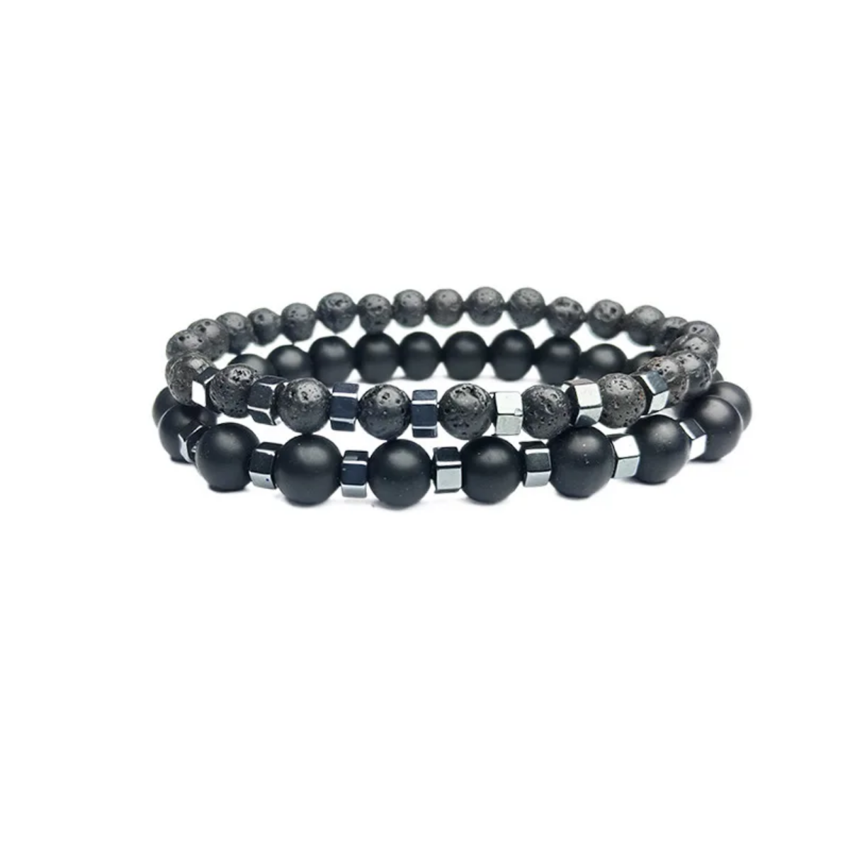 Black Lava Stone Beaded Bracelet Men - Onyx Double Layered