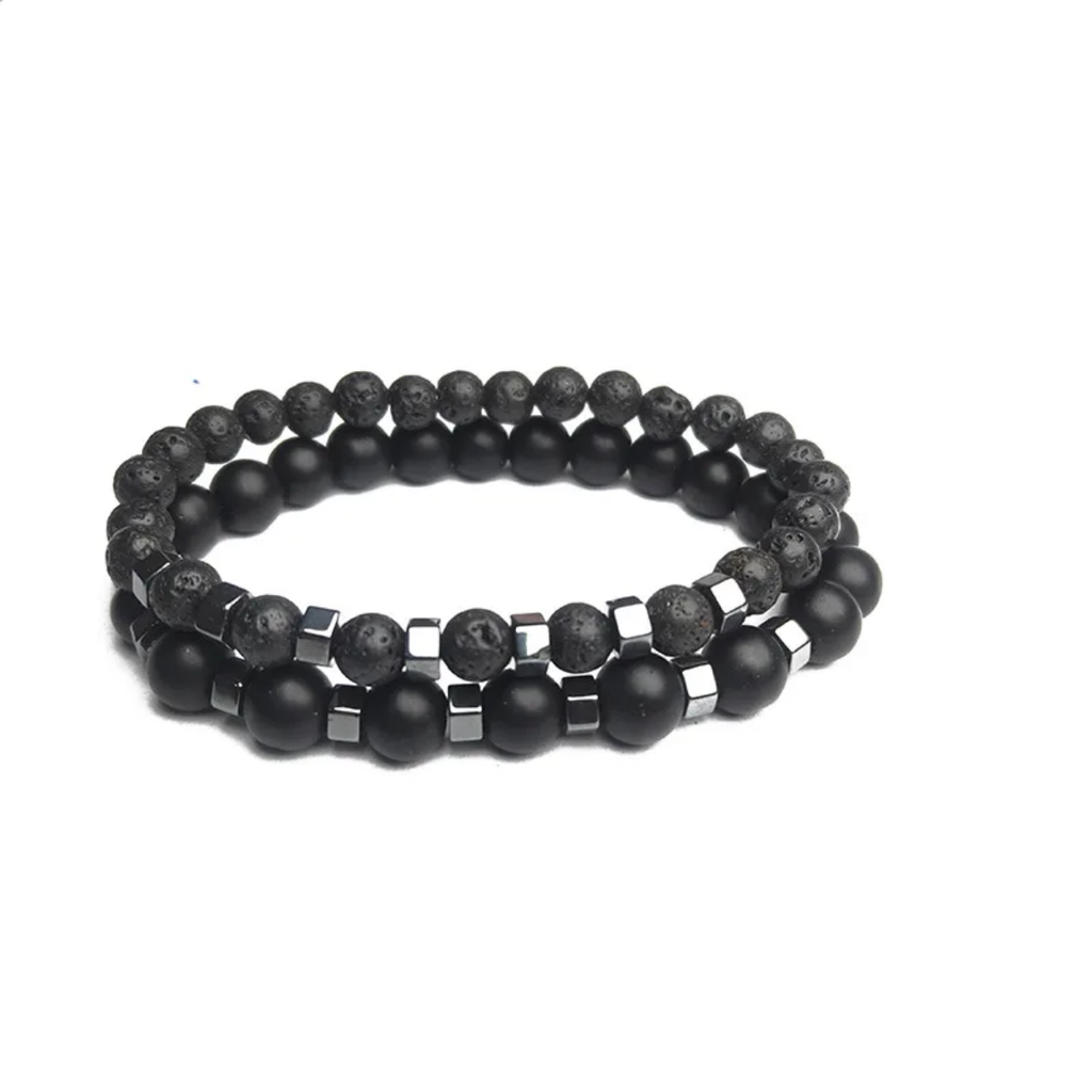 Black Lava Stone Beaded Bracelet Men - Onyx Double Layered