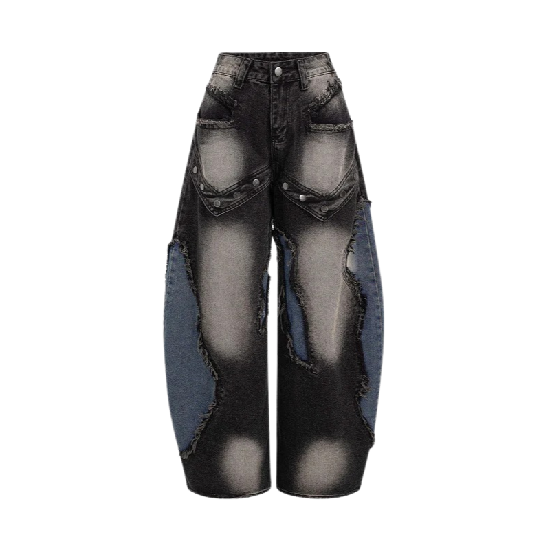 Baggy Denim Jeans Womens - Wide Leg Patchwork Frayed Rivets