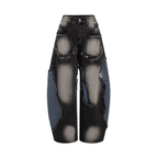 Baggy Denim Jeans Womens - Wide Leg Patchwork Frayed Rivets