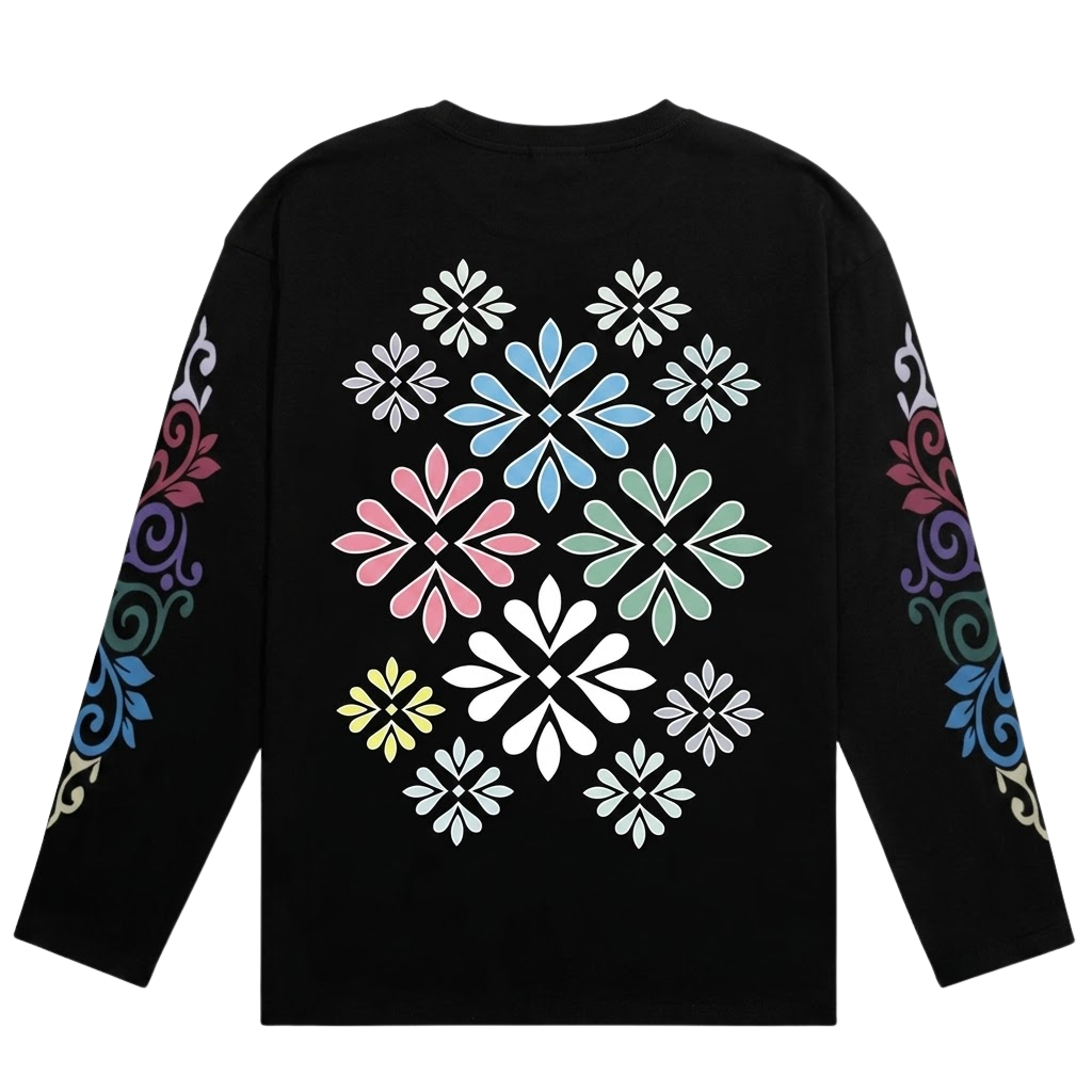 Long Sleeve Graphic Tee Shirt Mens Oversized Floral Ornament Sleeve Print