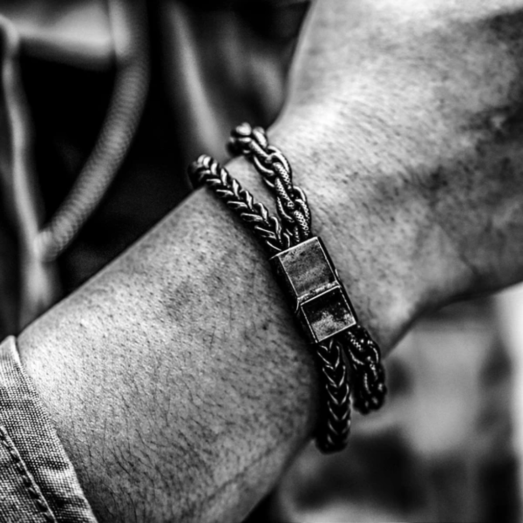 Bracelet Men Stainless Steel Double Layer Chain Beaded