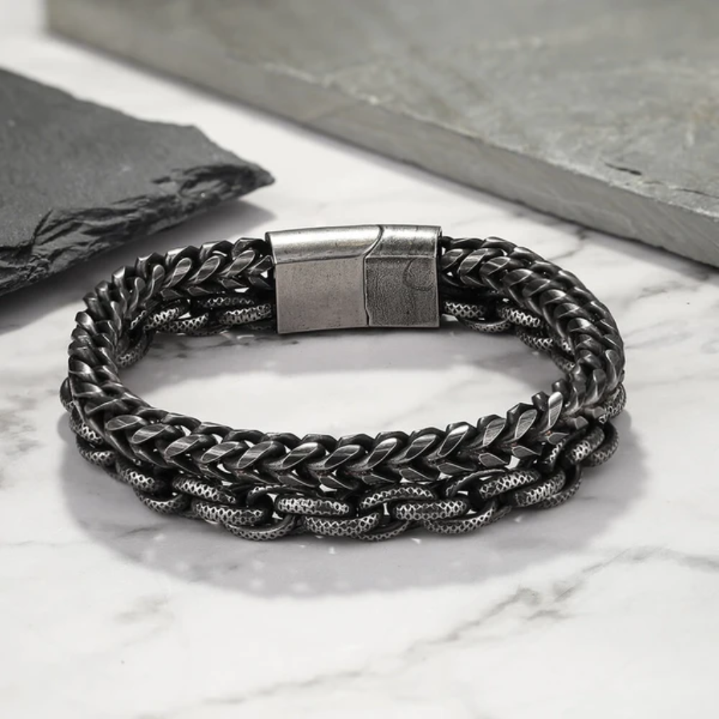 Bracelet Men Stainless Steel Double Layer Chain Beaded