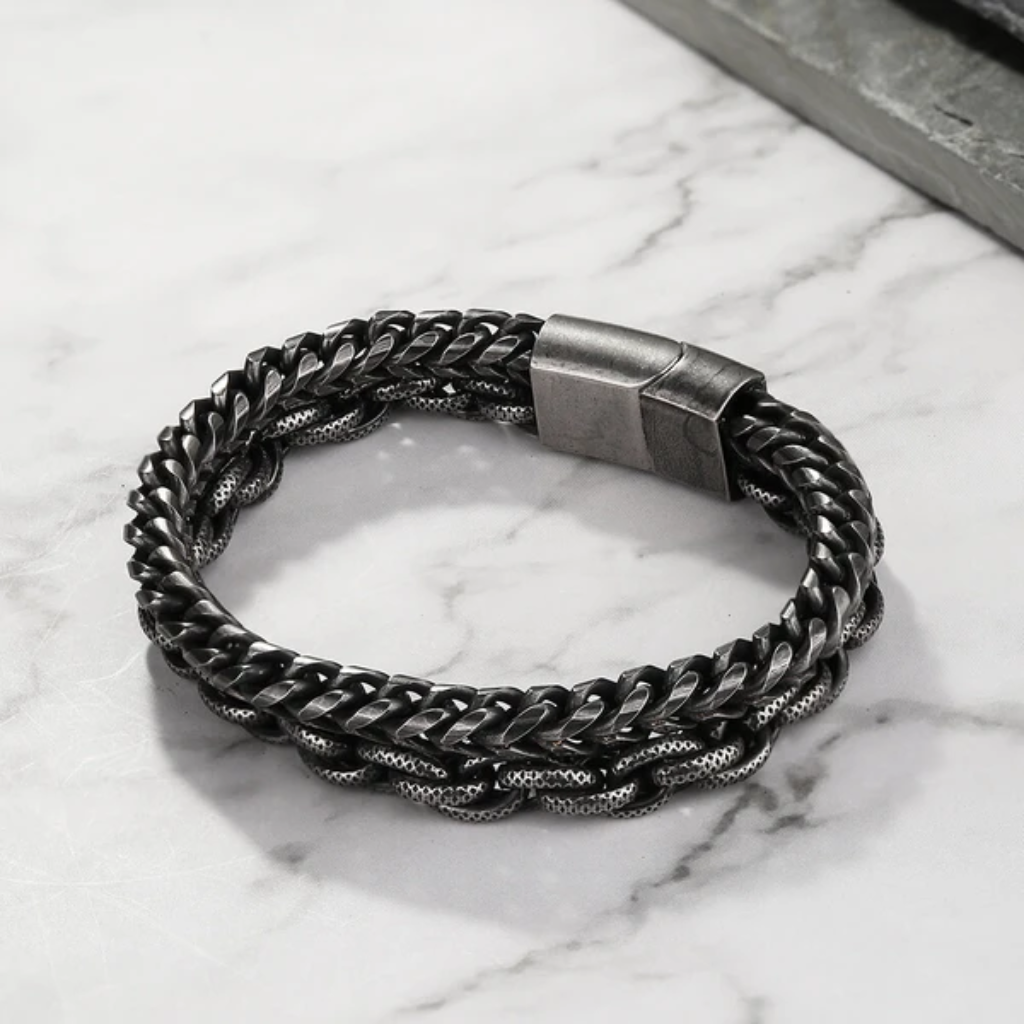 Bracelet Men Stainless Steel Double Layer Chain Beaded