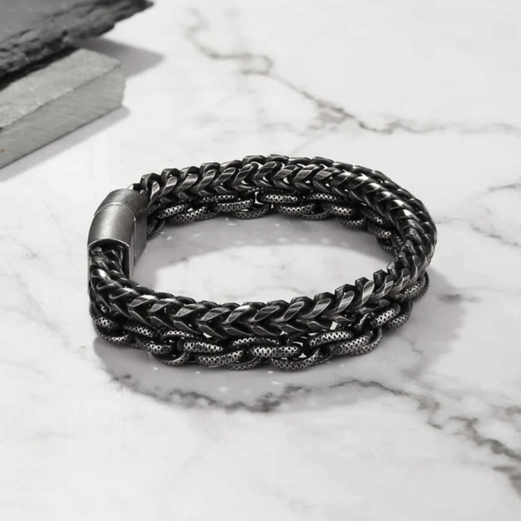 Bracelet Men Stainless Steel Double Layer Chain Beaded