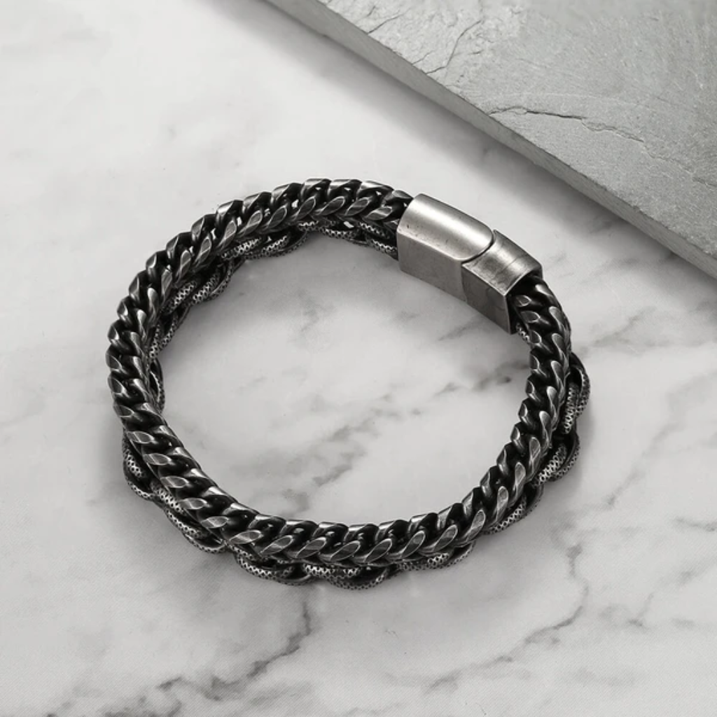 Bracelet Men Stainless Steel Double Layer Chain Beaded