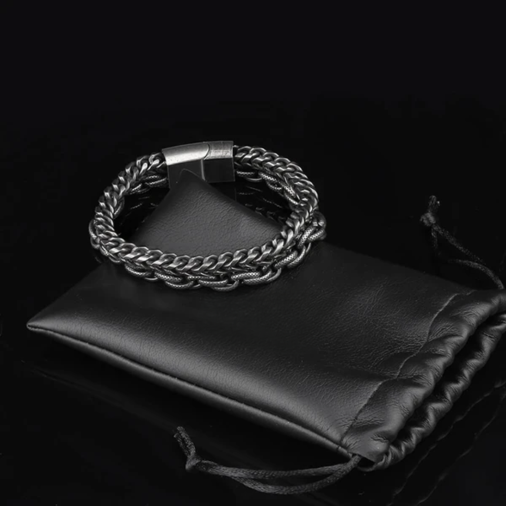 Bracelet Men Stainless Steel Double Layer Chain Beaded