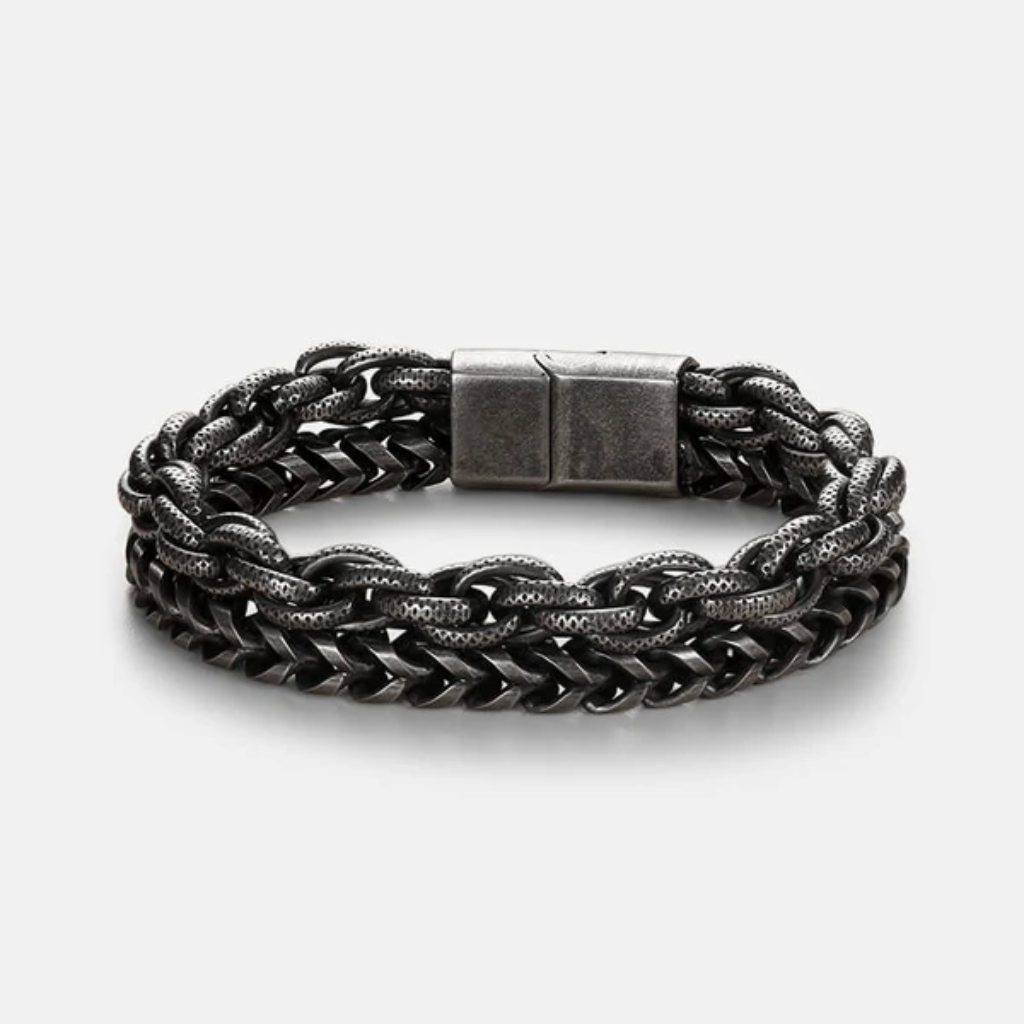 Bracelet Men Stainless Steel Double Layer Chain Beaded