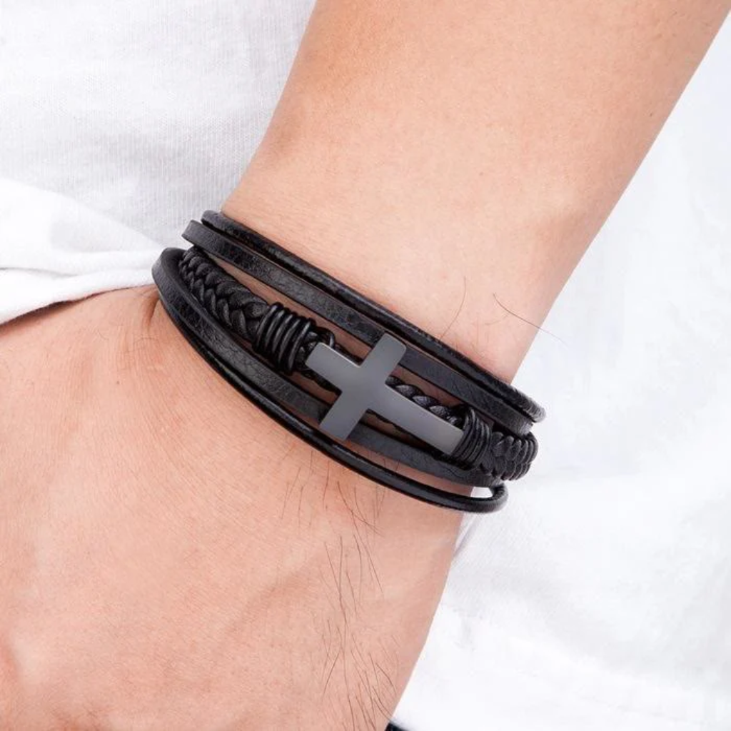 Braided Cross Leather Bracelet Mens-Tithesource-
