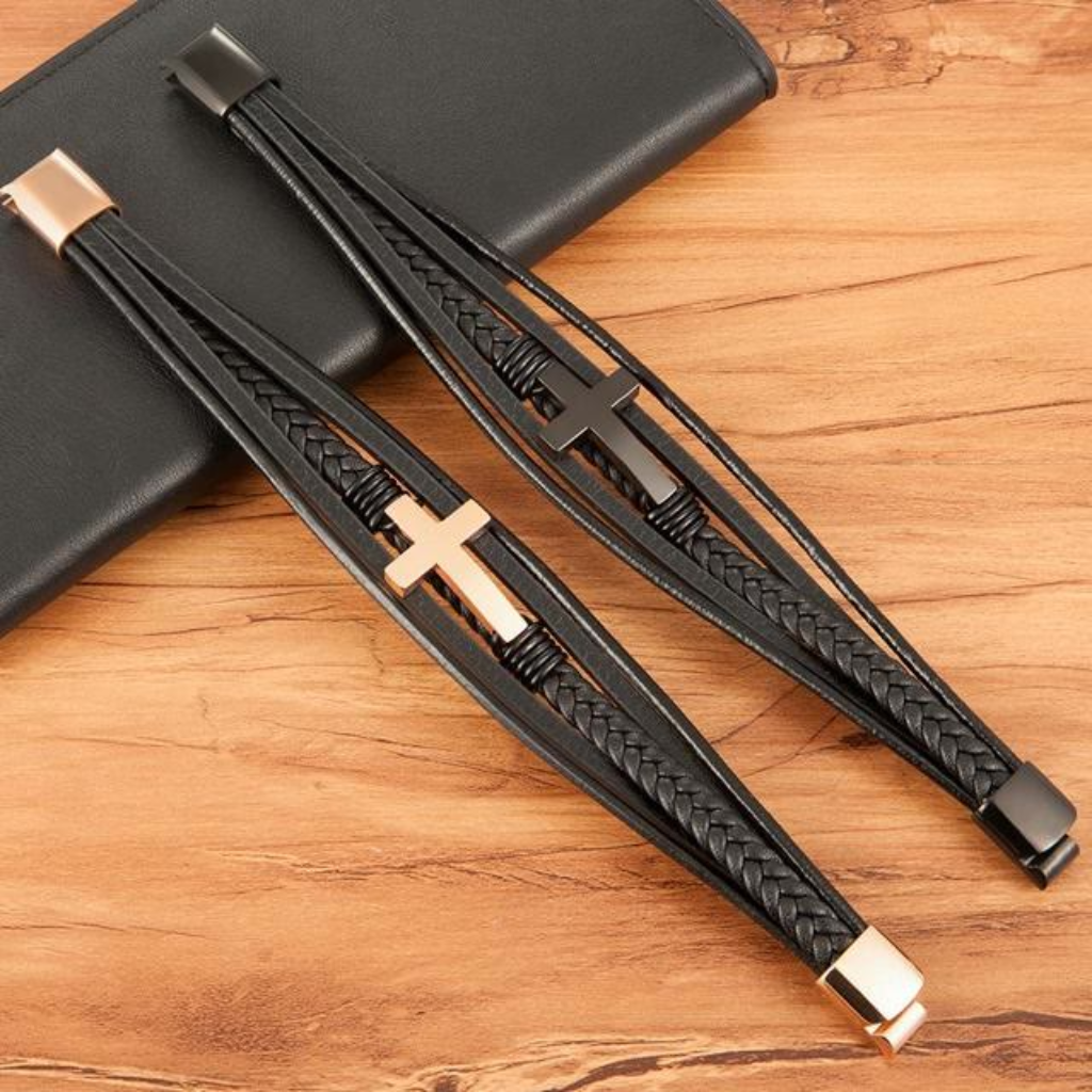 Braided Cross Leather Bracelet Mens-Tithesource-