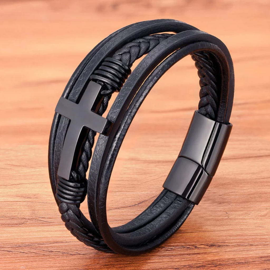 Braided Cross Leather Bracelet Mens-Tithesource-Black-7.48 inches-