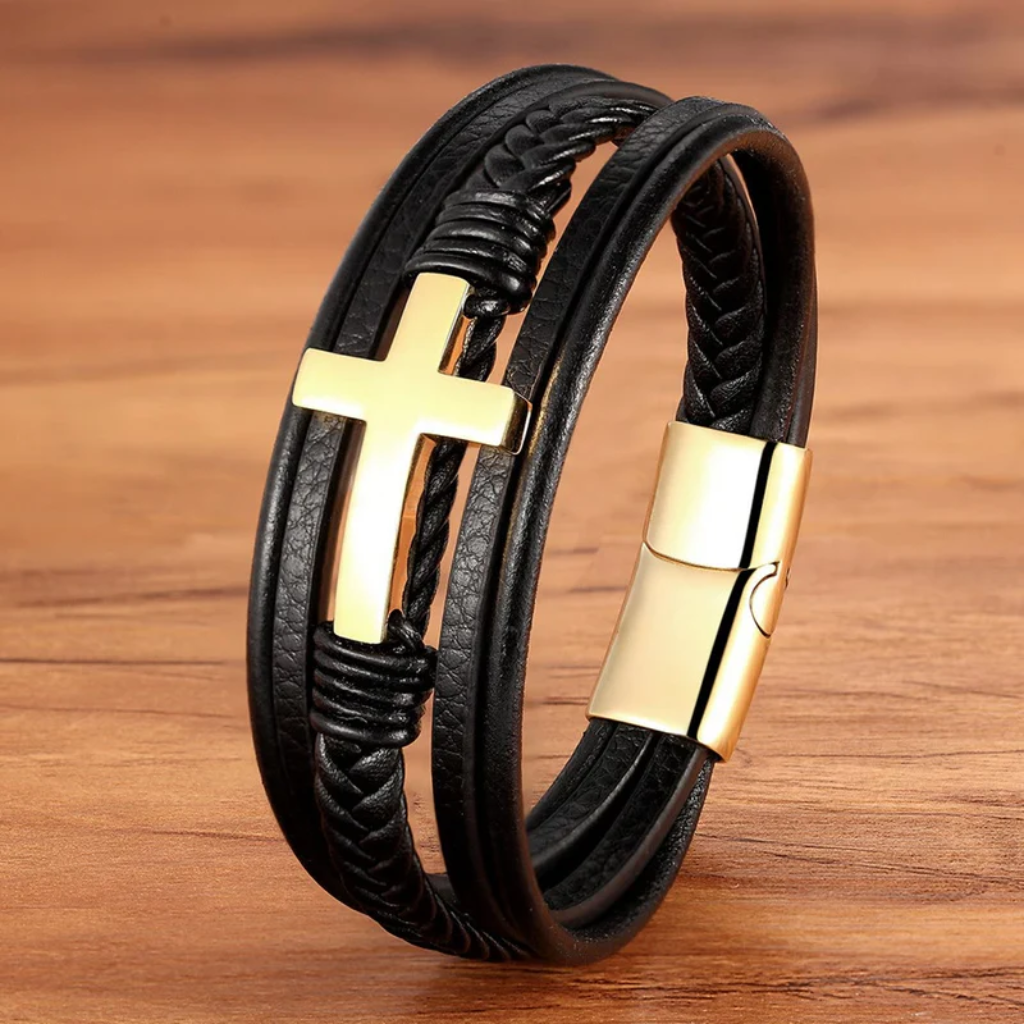 Braided Cross Leather Bracelet Mens-Tithesource-Gold-7.48 inches-