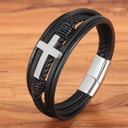 Braided Cross Leather Bracelet Mens-Tithesource-Silver-7.48 inches-