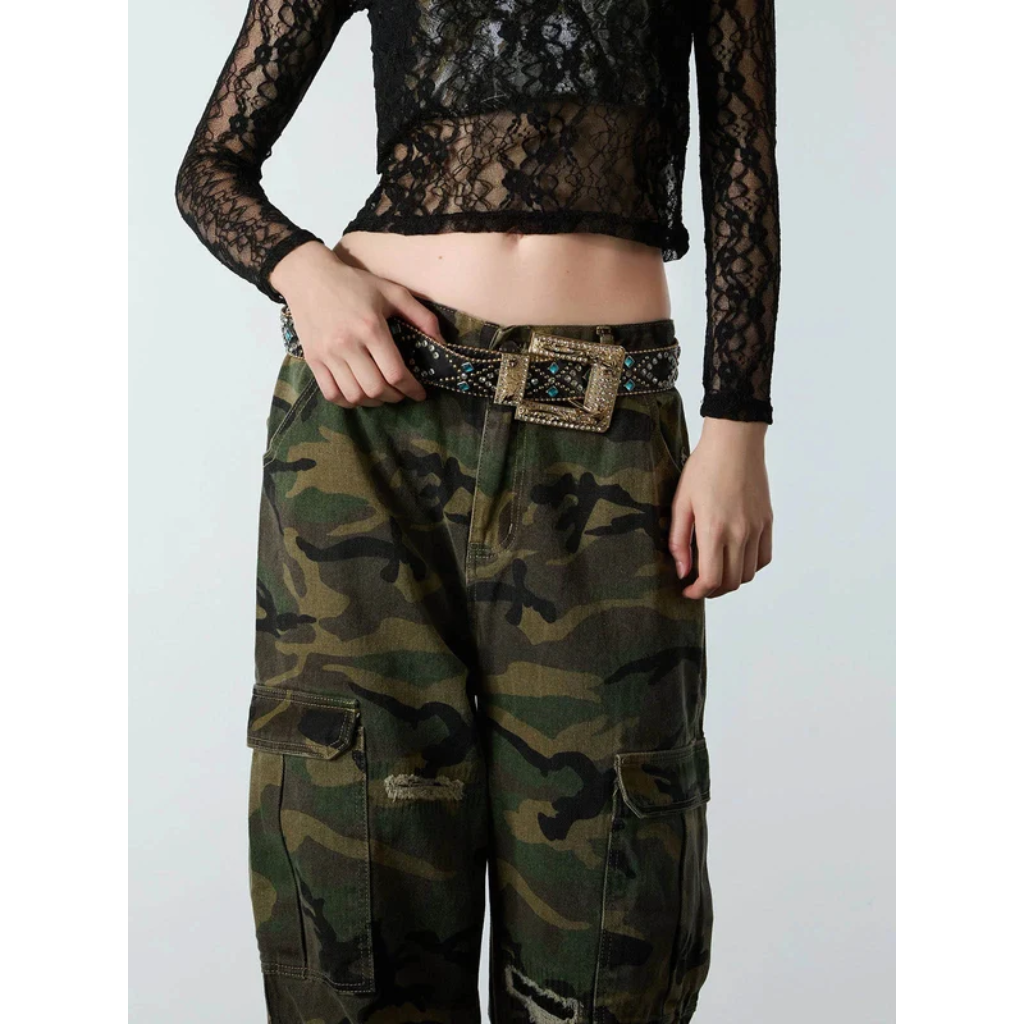 Cargo Pants Camo Baggy Wide Leg Ripped Camouflage Streetwear