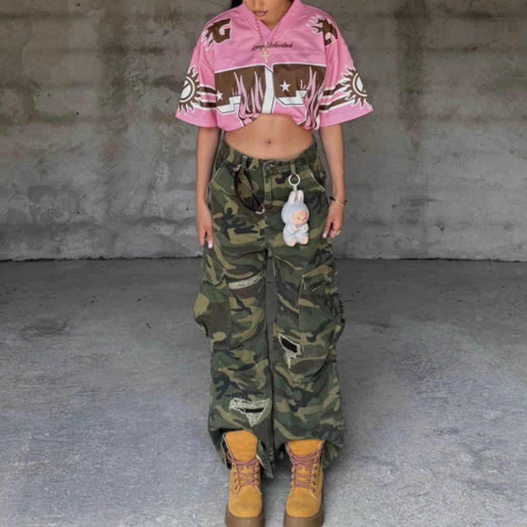 Cargo Pants Camo Baggy Wide Leg Ripped Camouflage Streetwear