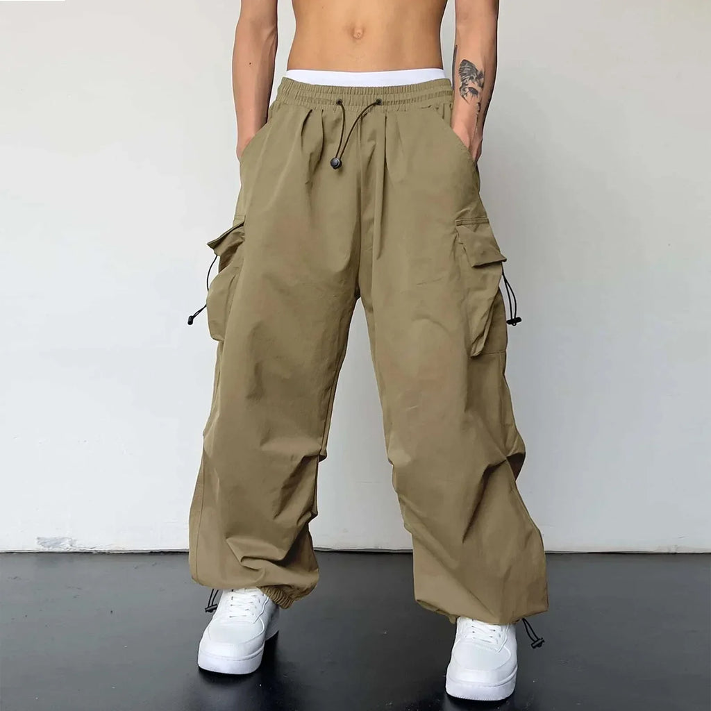 Cargo Pants Men Baggy Parachute Drawstring Wide Leg Streetwear