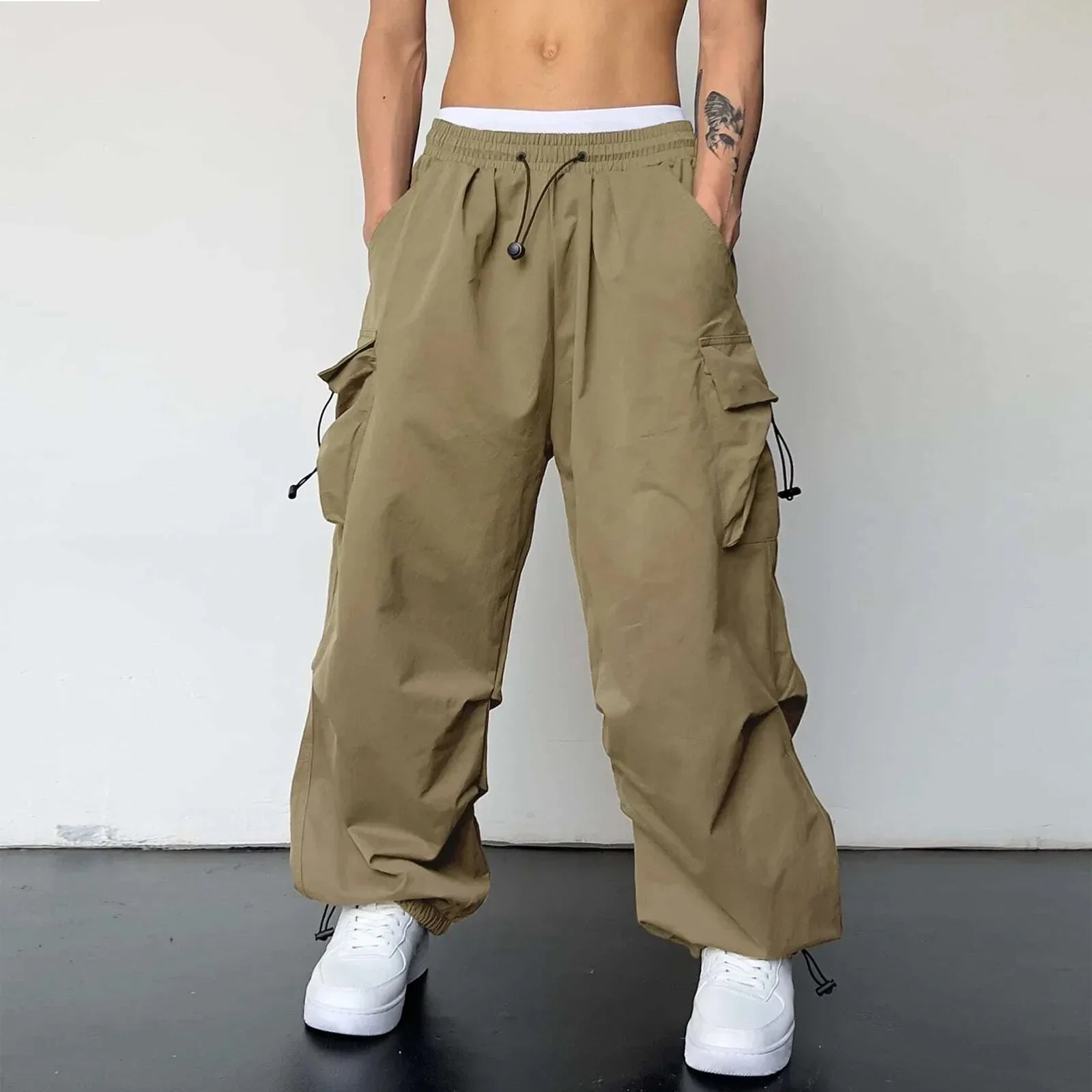 Cargo Pants Men Baggy Parachute Drawstring Wide Leg Streetwear