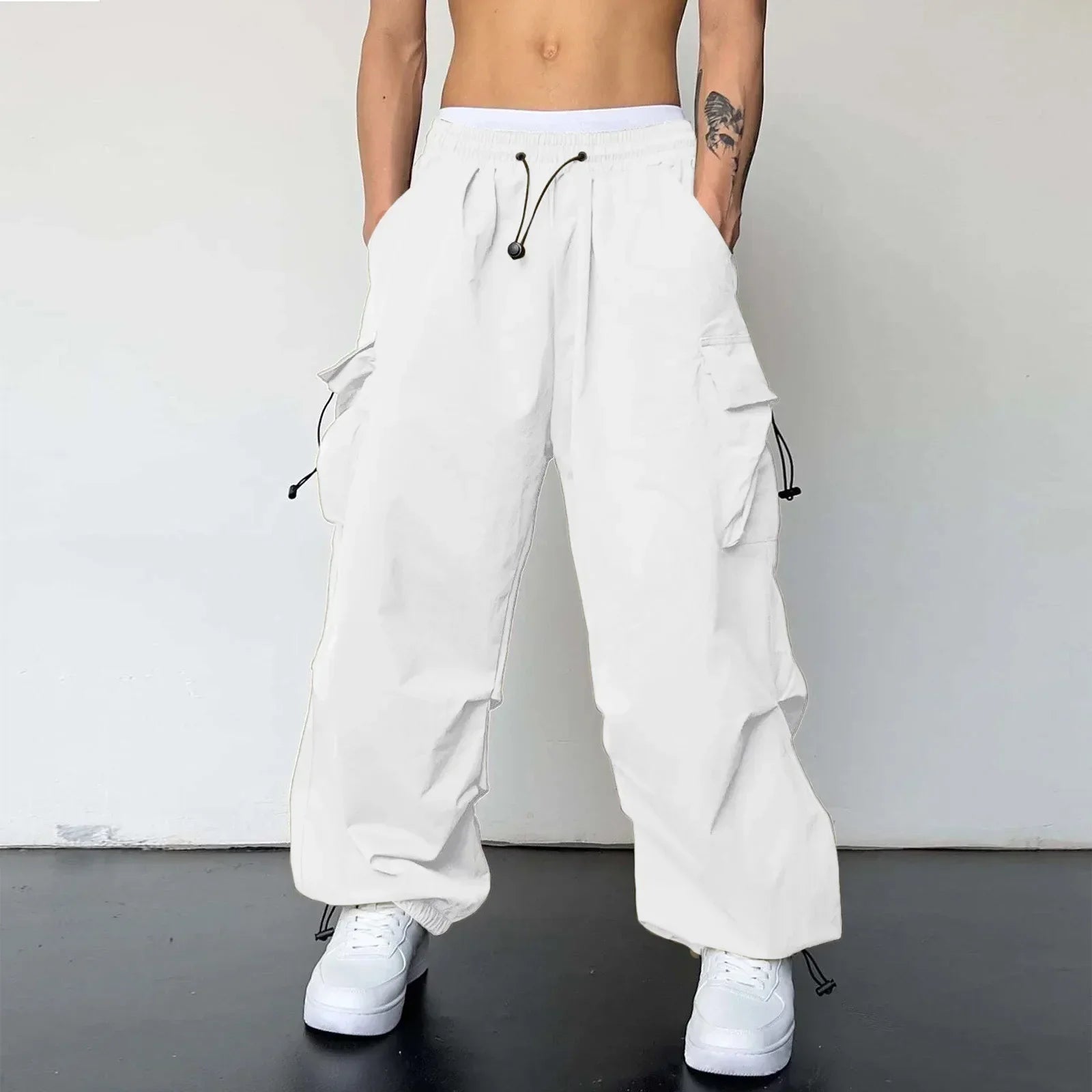 Cargo Pants Men Baggy Parachute Drawstring Wide Leg Streetwear