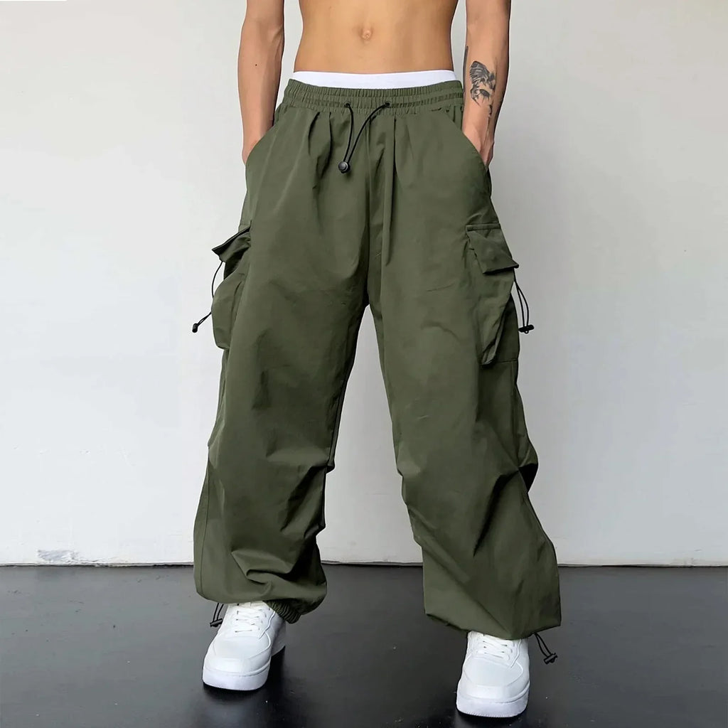 Cargo Pants Men Baggy Parachute Drawstring Wide Leg Streetwear