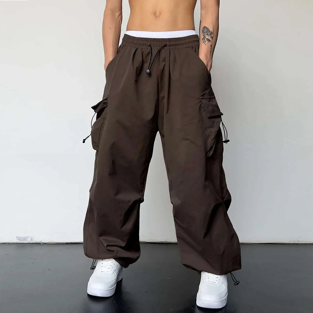 Cargo Pants Men Baggy Parachute Drawstring Wide Leg Streetwear