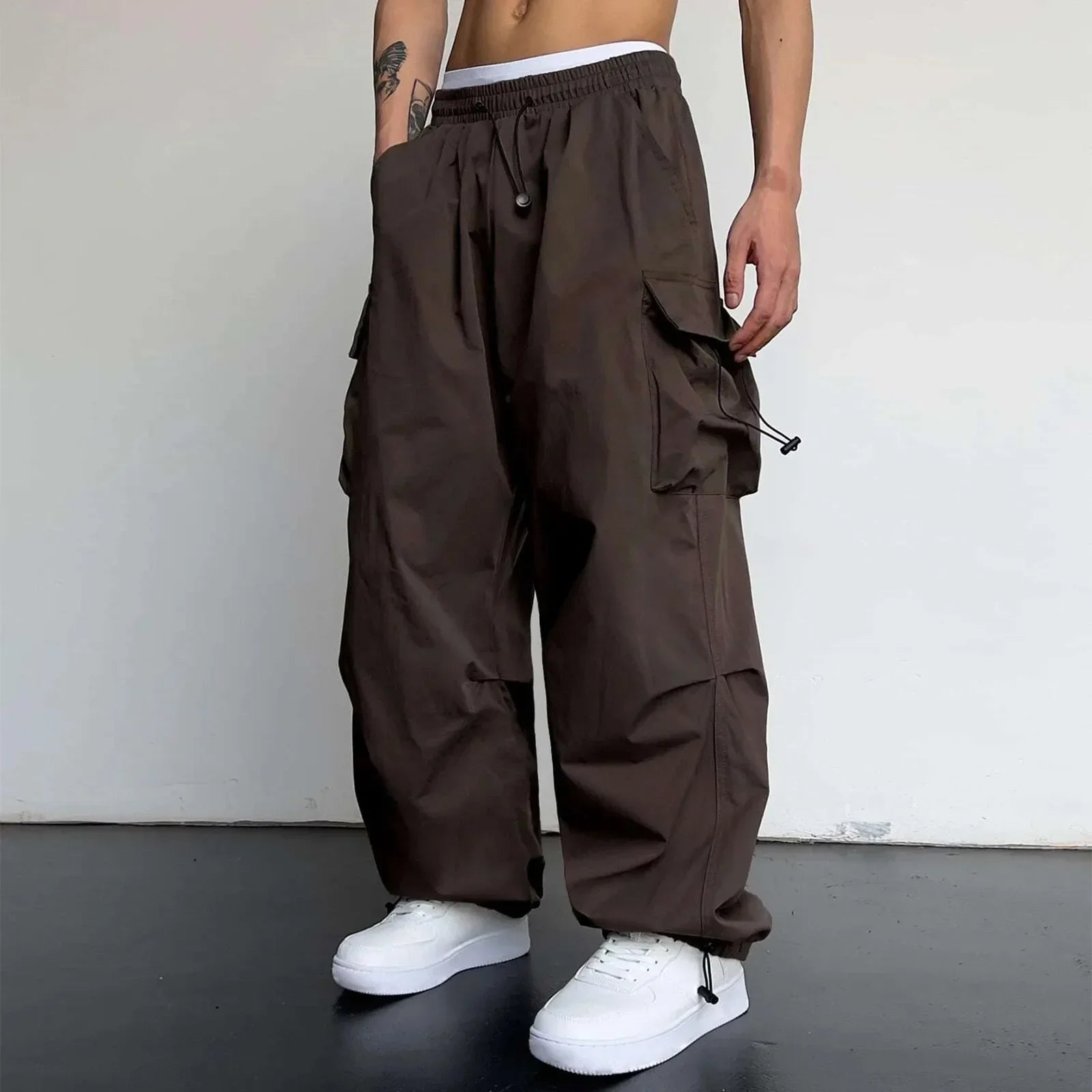 Cargo Pants Men Baggy Parachute Drawstring Wide Leg Streetwear