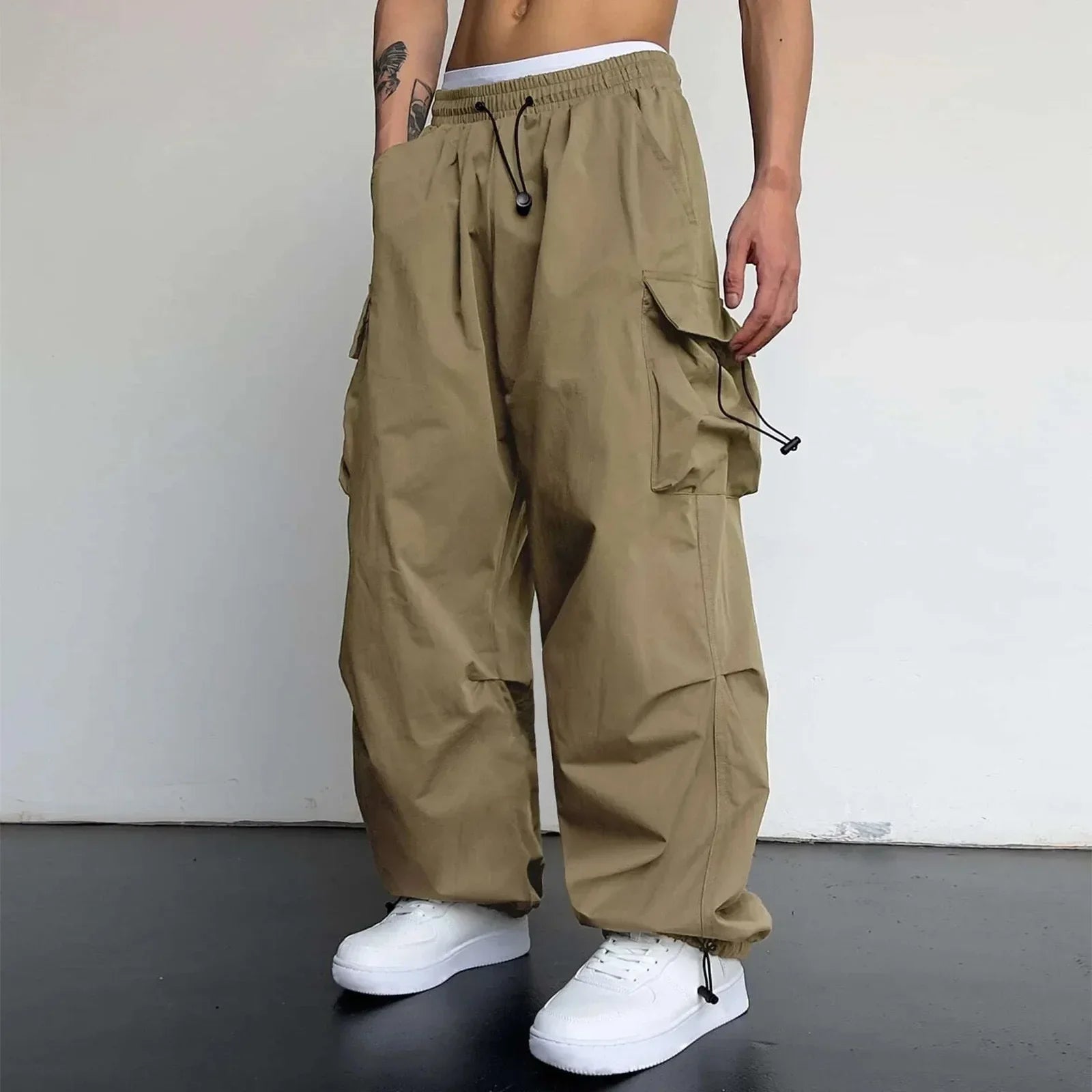 Cargo Pants Men Baggy Parachute Drawstring Wide Leg Streetwear