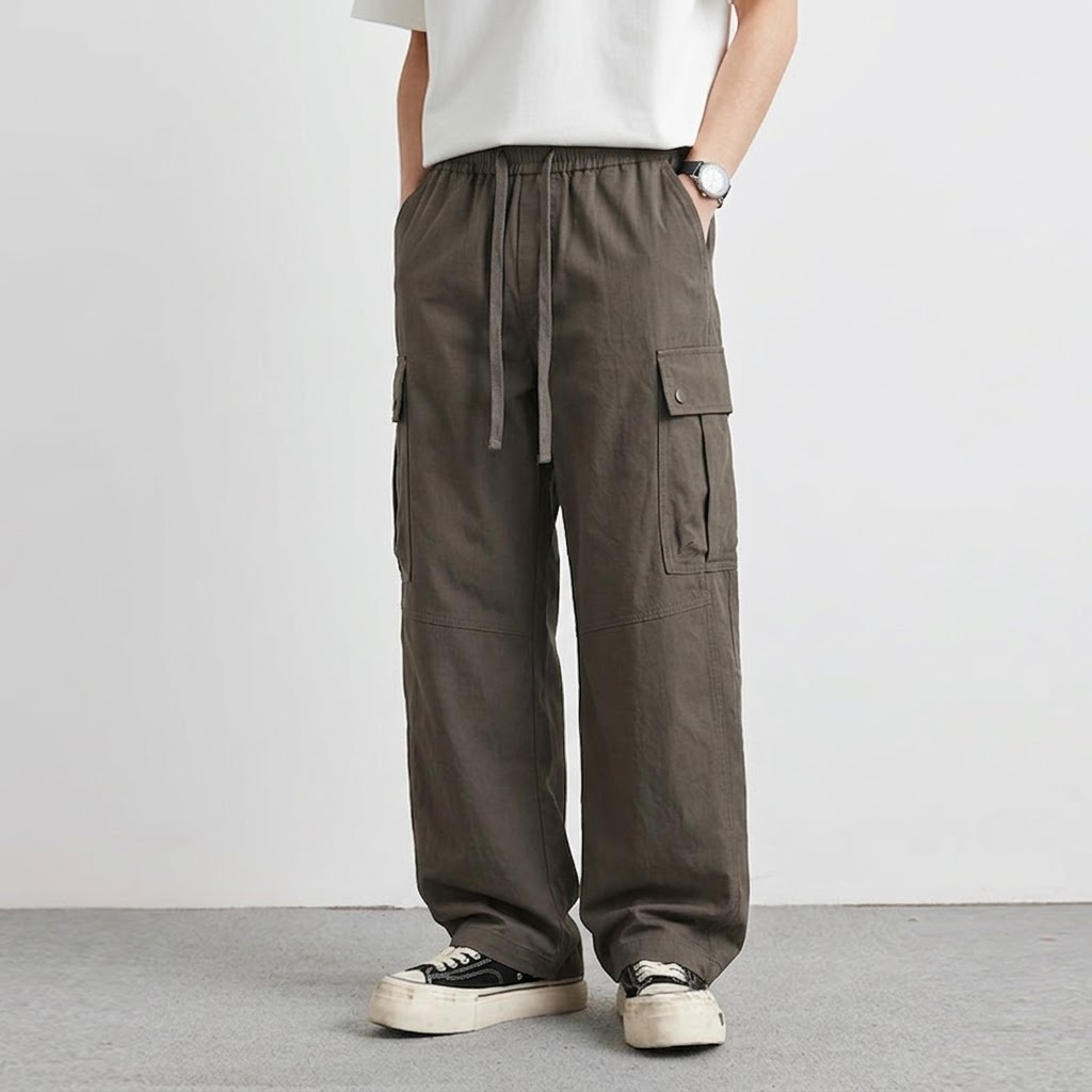 Cargo Pants Men Relaxed Wide Leg Drawstring Streetwear