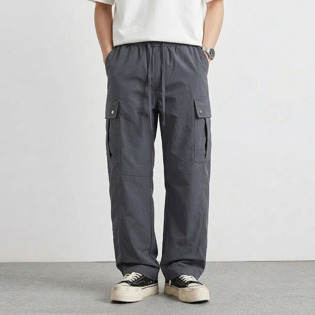 Cargo Pants Men Relaxed Wide Leg Drawstring Streetwear