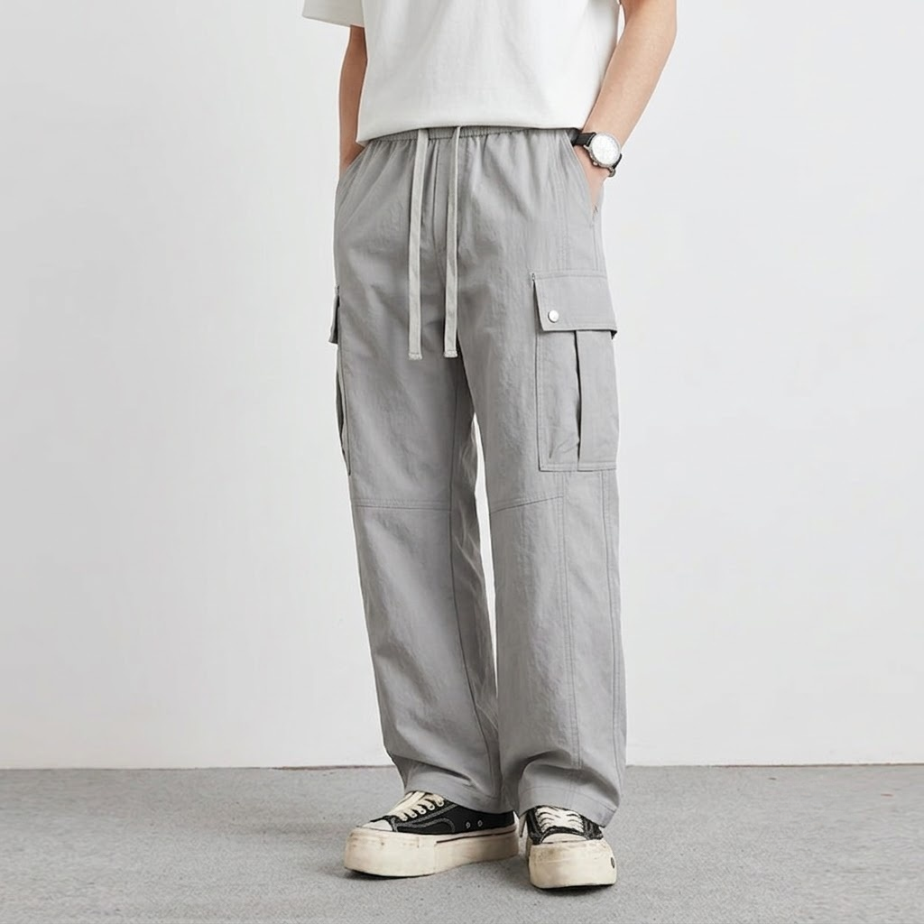 Cargo Pants Men Relaxed Wide Leg Drawstring Streetwear