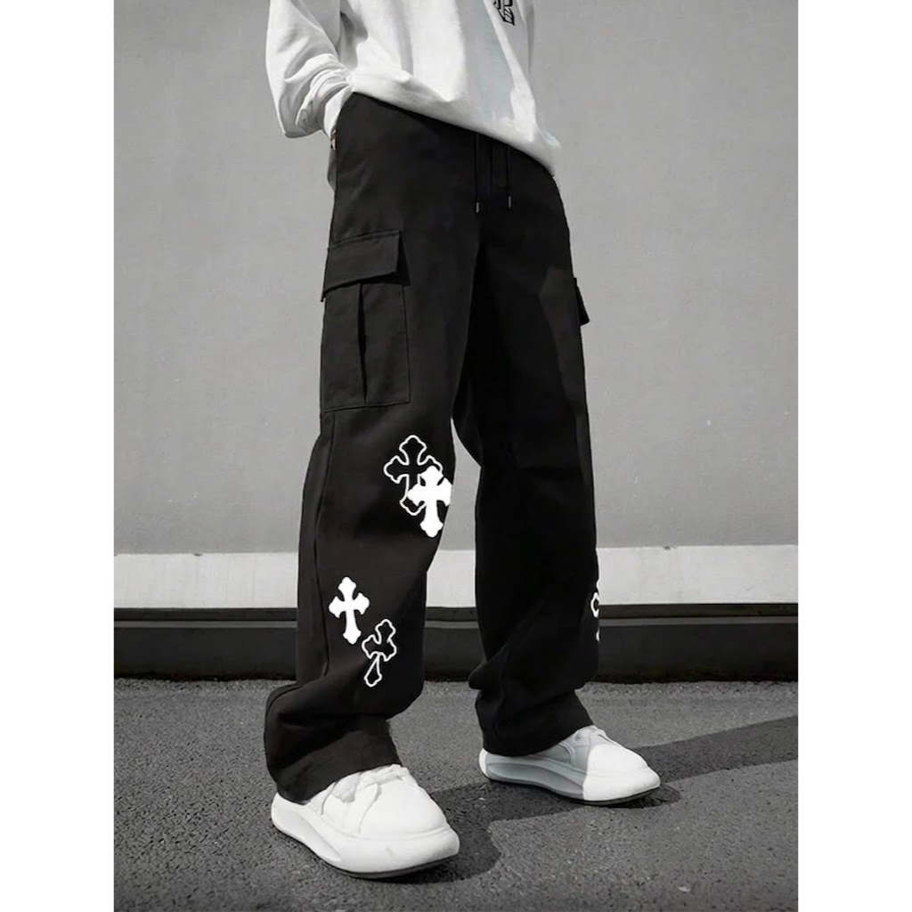 Cargo Pants Men Wide Leg Baggy Cross Print Streetwear
