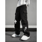 Cargo Pants Men Wide Leg Baggy Cross Print Streetwear