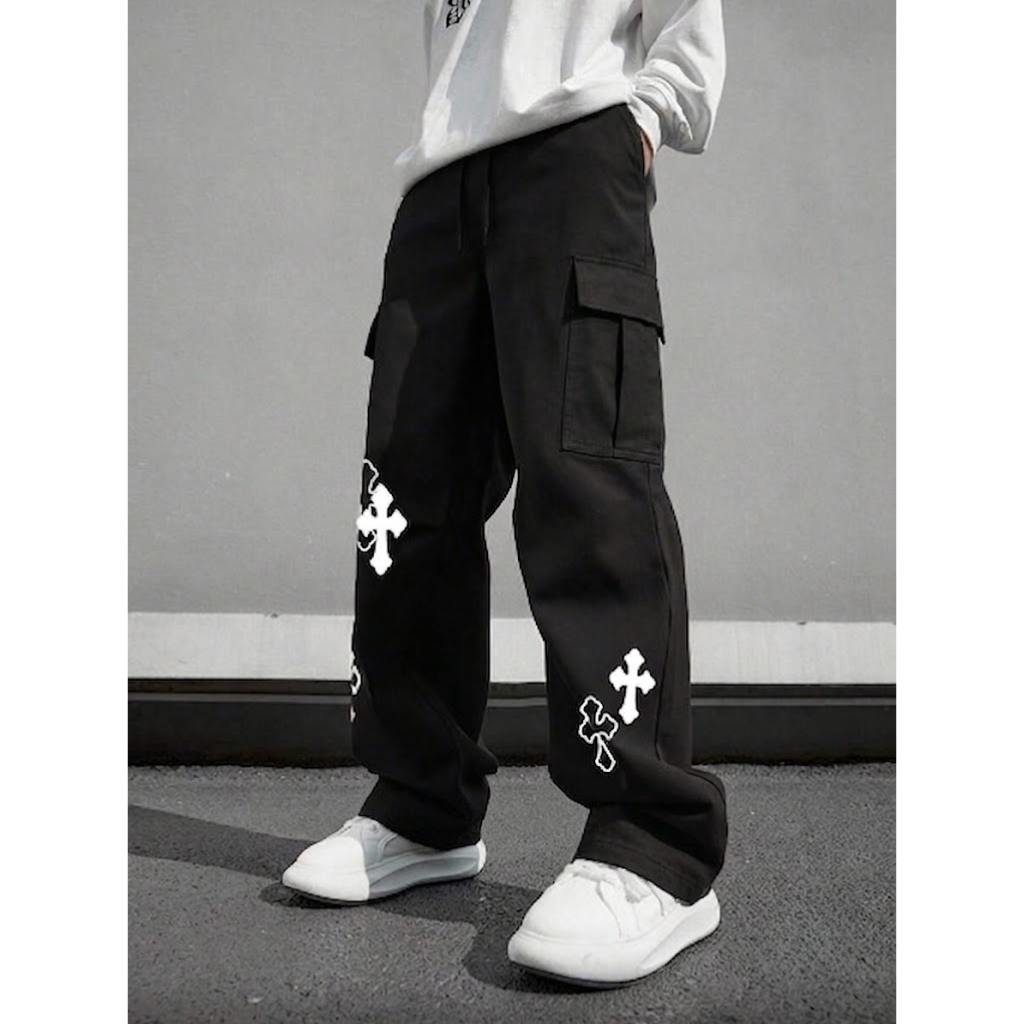 Cargo Pants Men Wide Leg Baggy Cross Print Streetwear