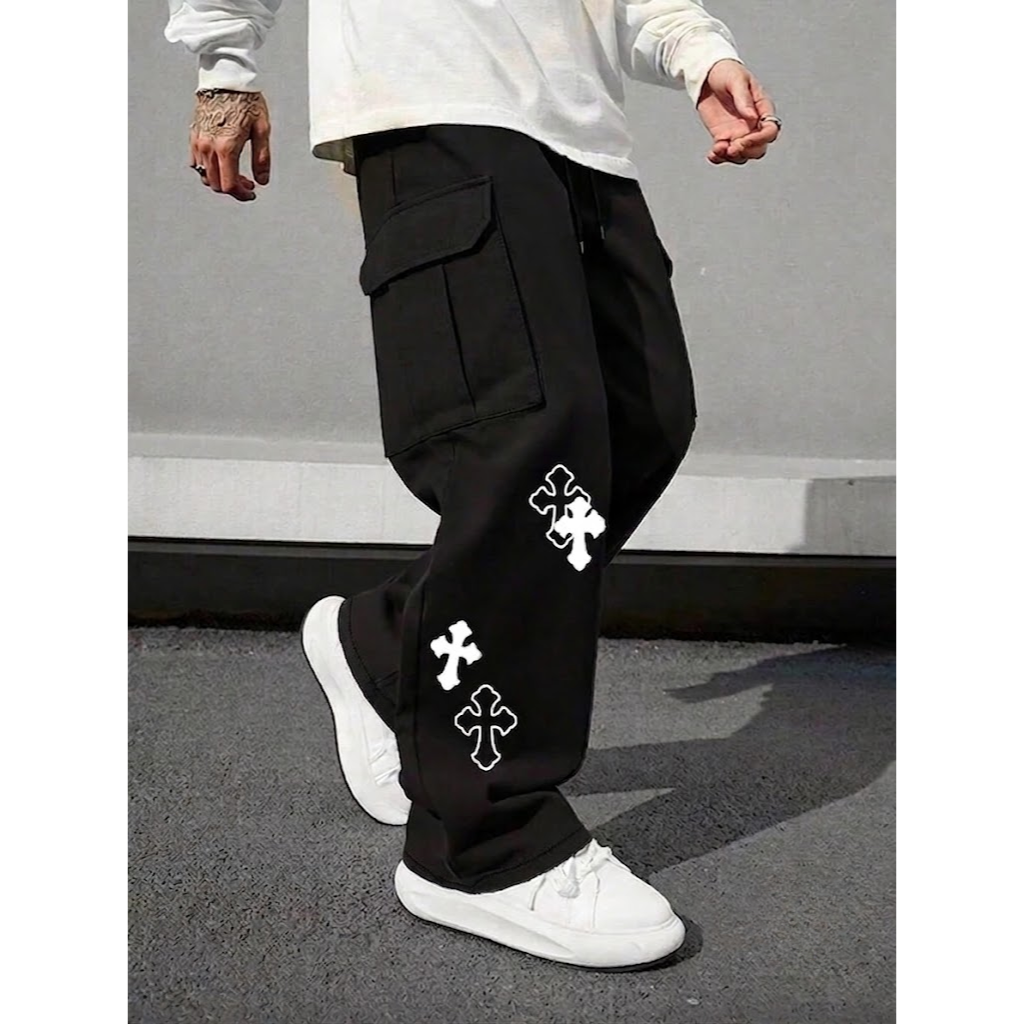 Cargo Pants Men Wide Leg Baggy Cross Print Streetwear