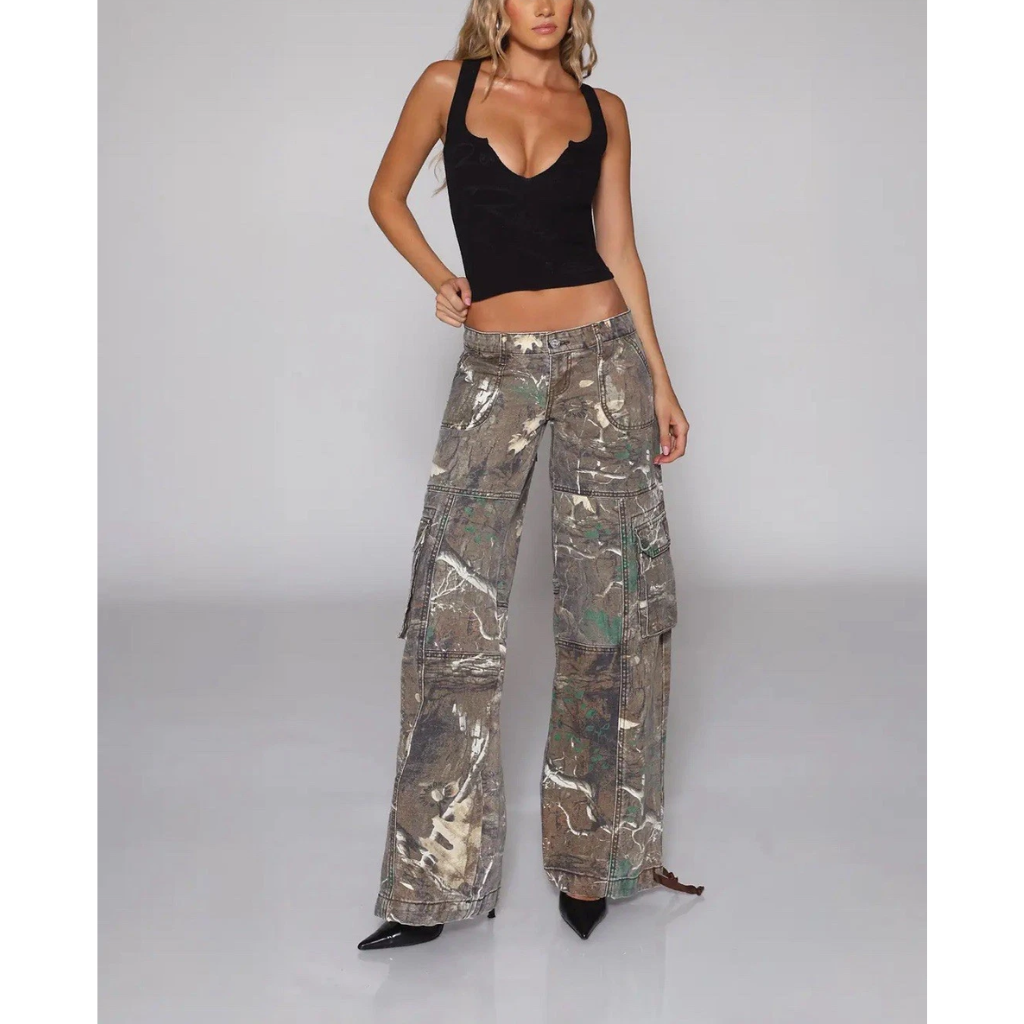 Cargo Pants Women Camouflage Wide Leg Low Rise