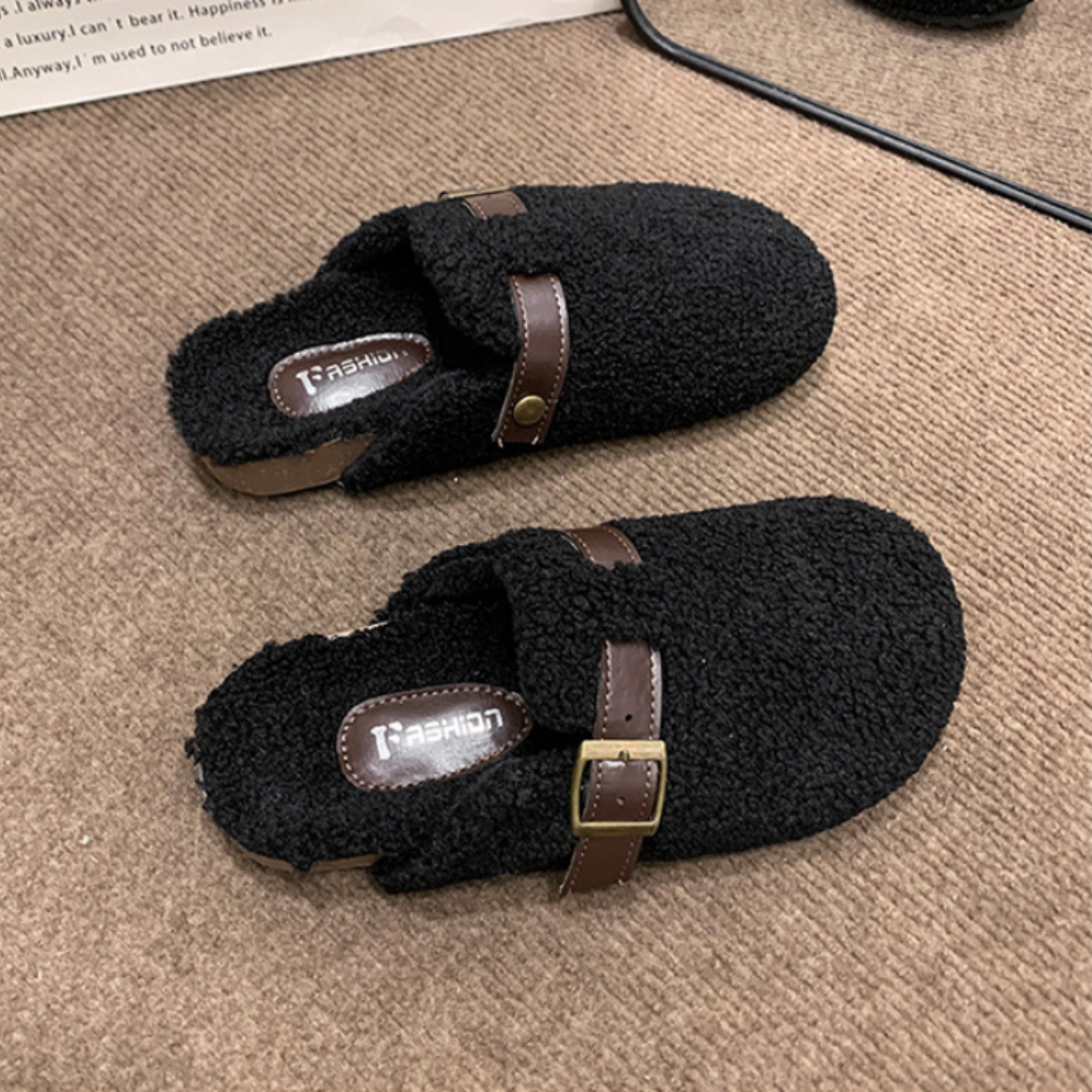 Clogs Women Fluffy Sherpa Round Toe Buckle Mules Slippers