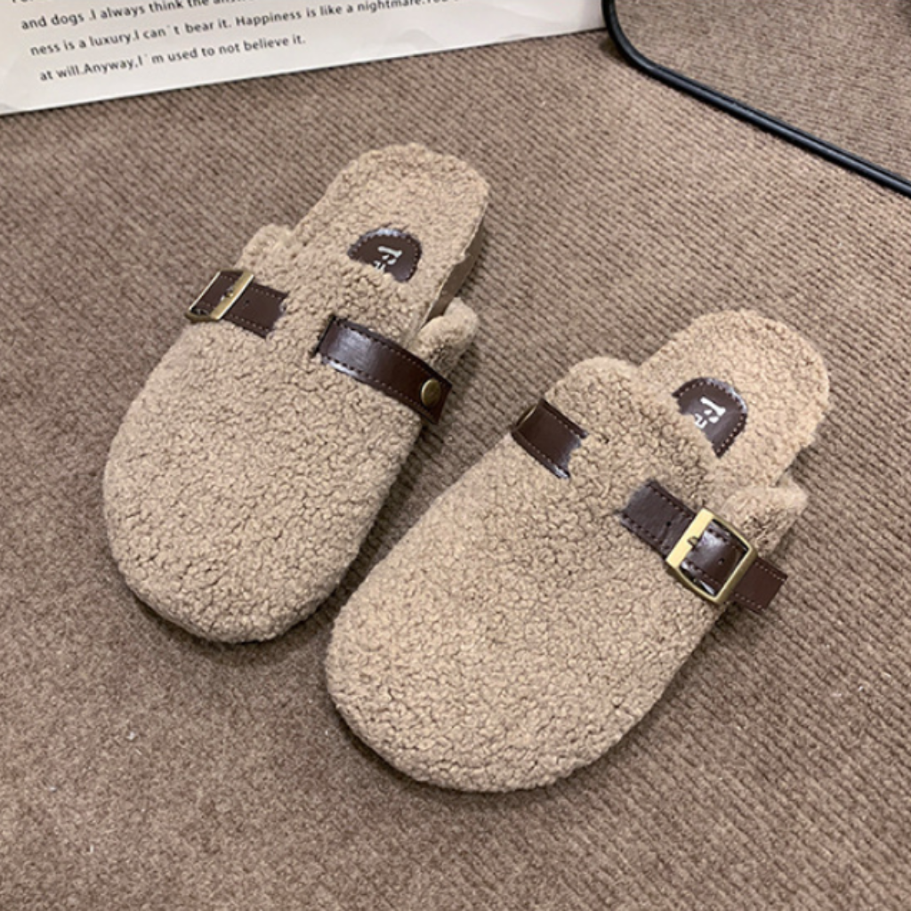 Clogs Women Fluffy Sherpa Round Toe Buckle Mules Slippers