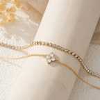 Clover Bracelet Women Gold Four Leaf Cubic Zirconia Tennis 2 Piece Set